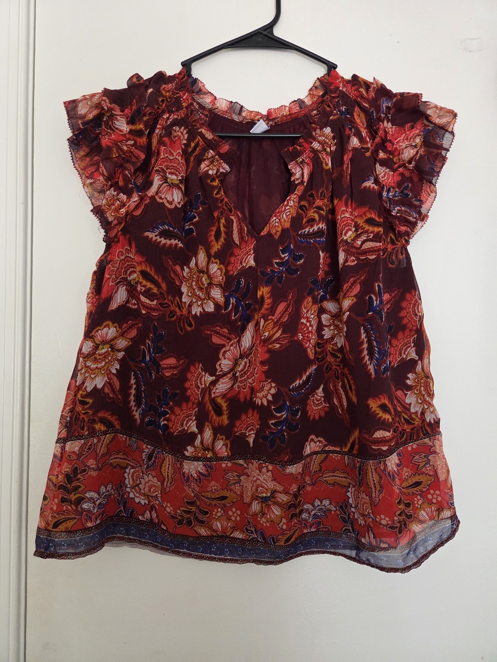 Old Navy Medium Boho Burgundy Floral Ruffle Sleeve Chiffon Blouse Top